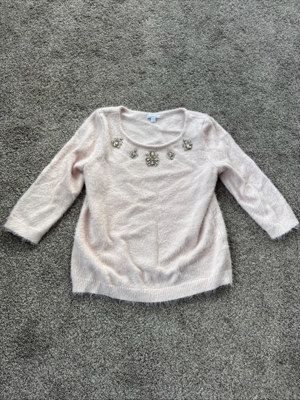 New York & Company Women’s Large Light Pink Fuzzy Sweater w/ Jewel Lined Neck